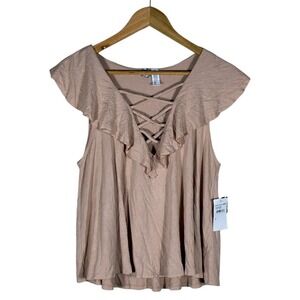 NWT Free Press Lace Up Solid Ruffle Tank Top Pink Fawn Boho Romantic Size M